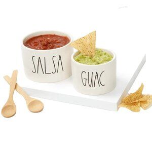Rae Dunn Artisan Salsa Guac Bowl Set Bamboo Spoons Ceramic White NWOB